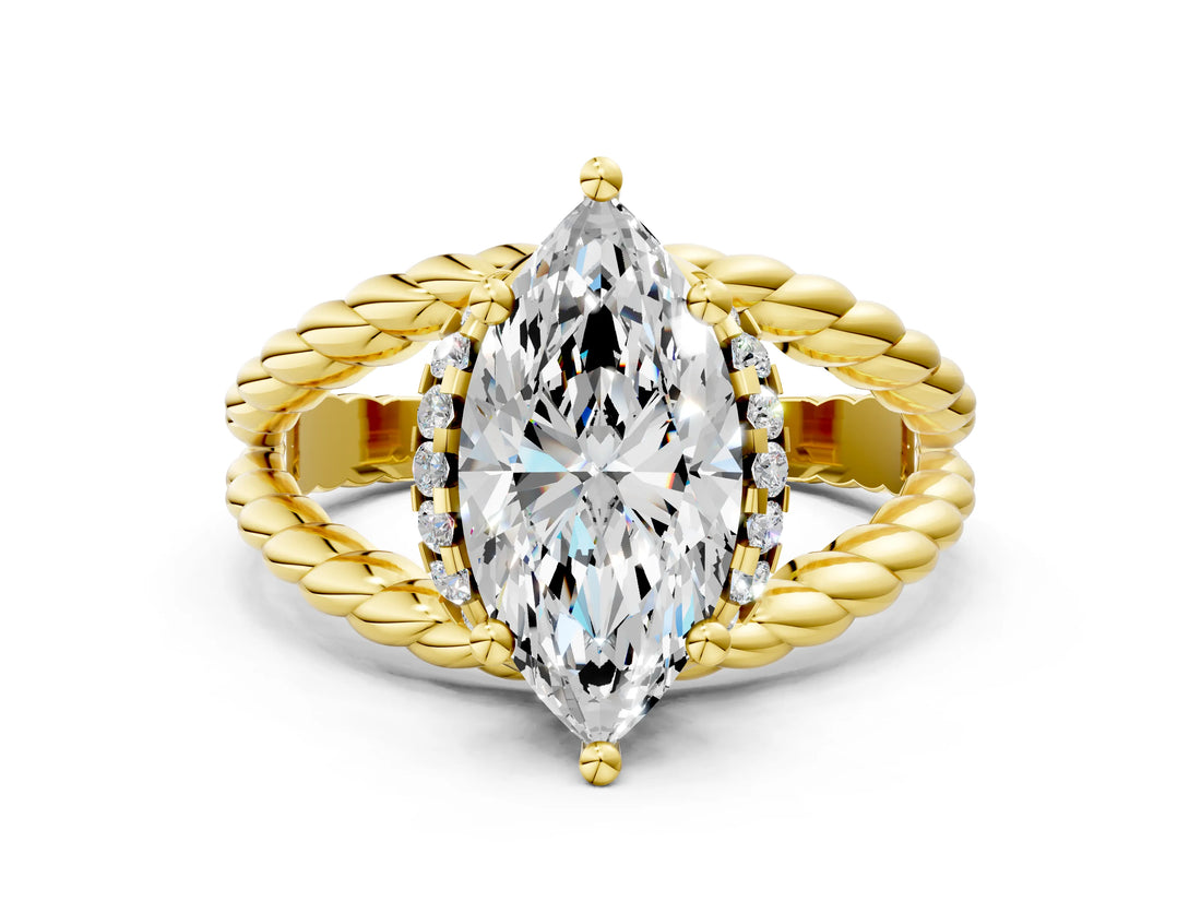Yellow gold Marquise Halo Twisted Band Four-Prong Ring_45
