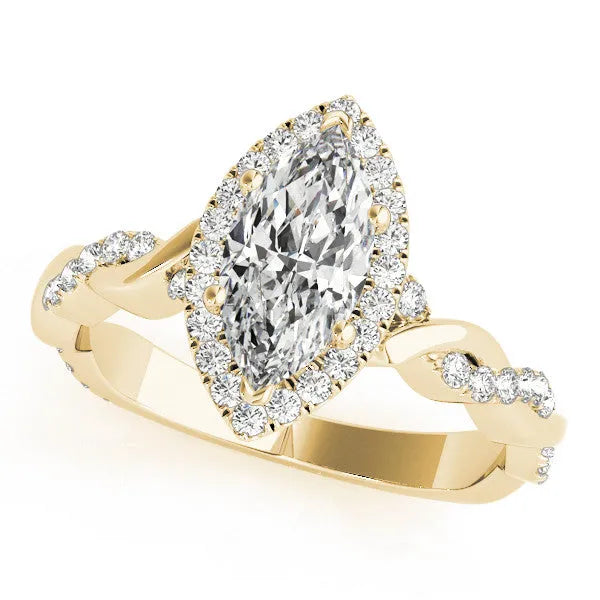 Yellow gold Marquise Halo Twisted Band Prong Setting Ring