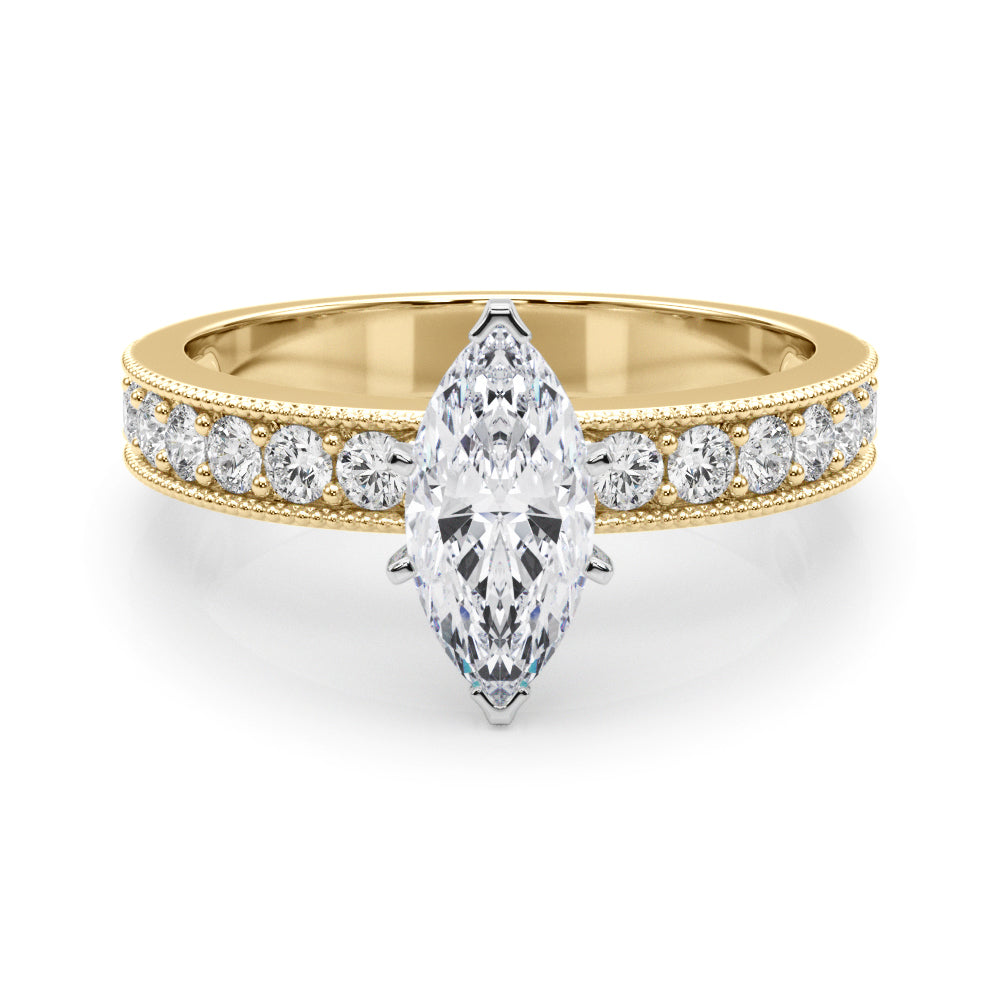 Yellow gold Marquise Milgrain Pave Diamond Engagement Ring with Four-Prong Setting 1