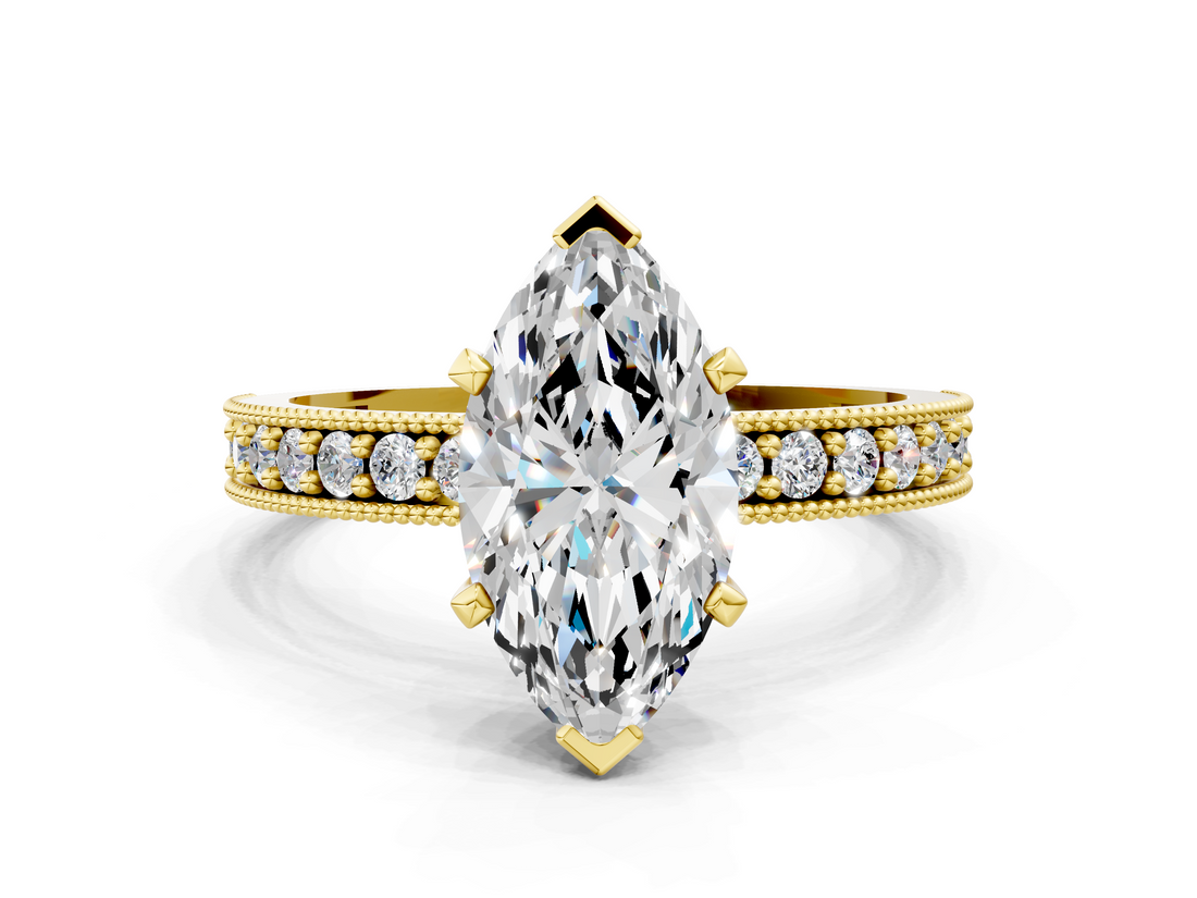 Yellow gold Marquise Milgrain Pave Diamond Engagement Ring with Four-Prong Setting_143