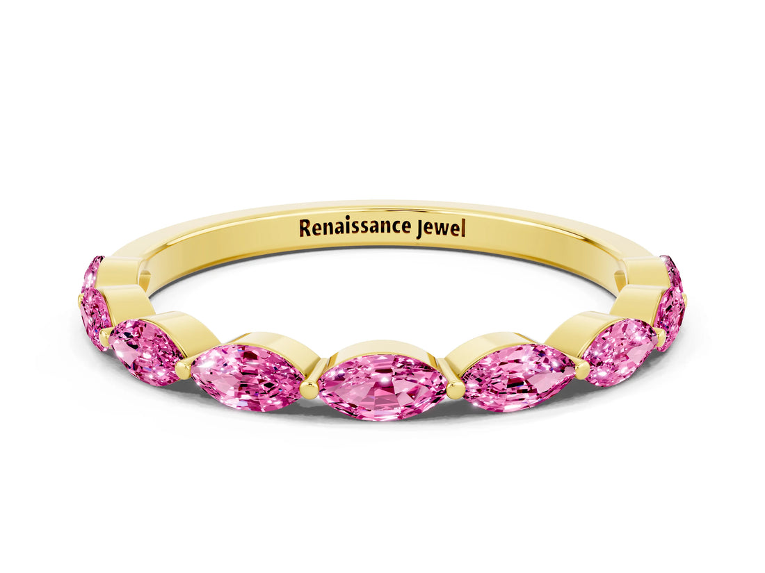 Yellow gold Marquise Pink Sapphire Half Eternity Band with Prong Setting_18