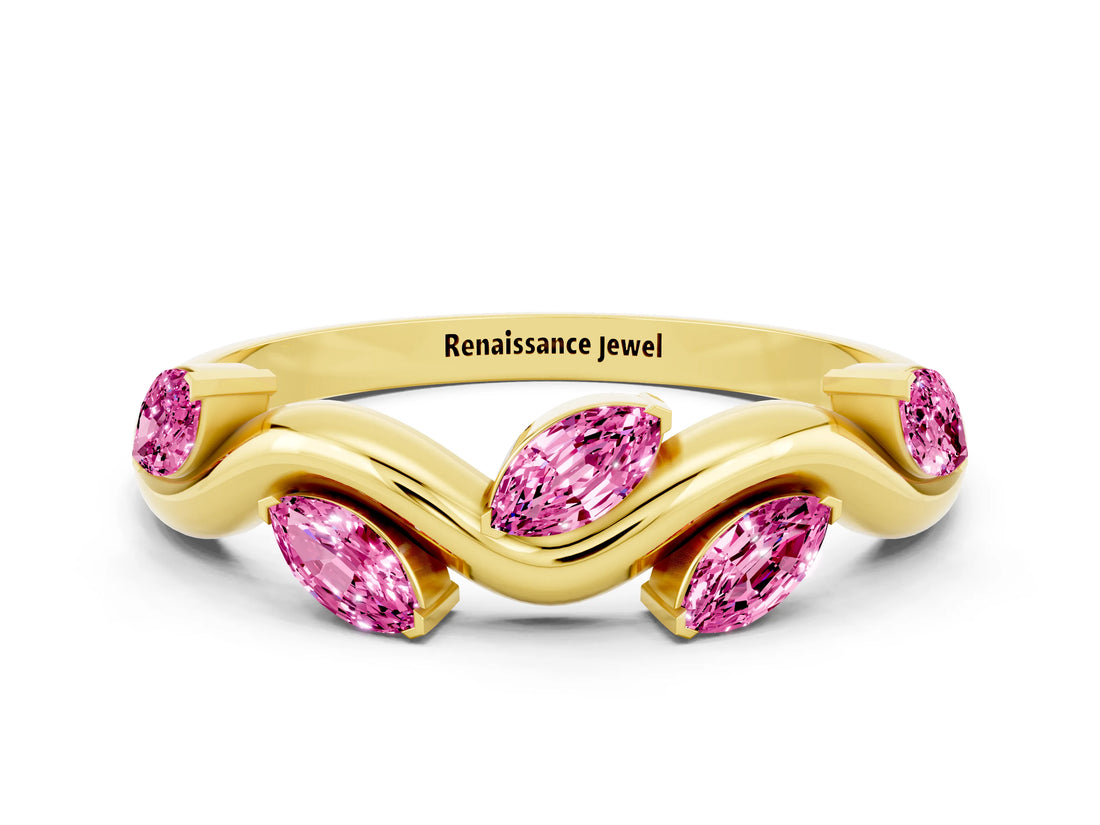 Yellow gold Marquise Pink Sapphire Twisted Band with Prong Setting_18