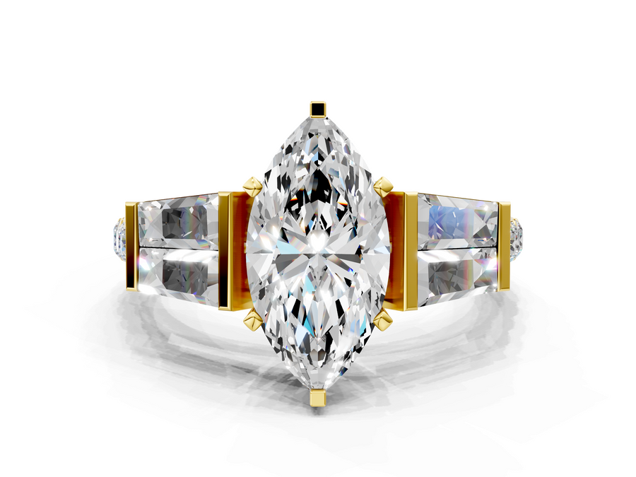 Yellow gold Marquise Solitaire Baguette Side Stone Channel Set Engagement Ring