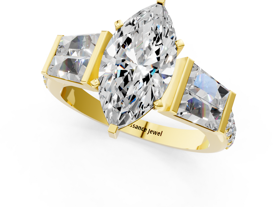 Yellow gold Marquise Solitaire Baguette Side Stone Channel Set Engagement Ring