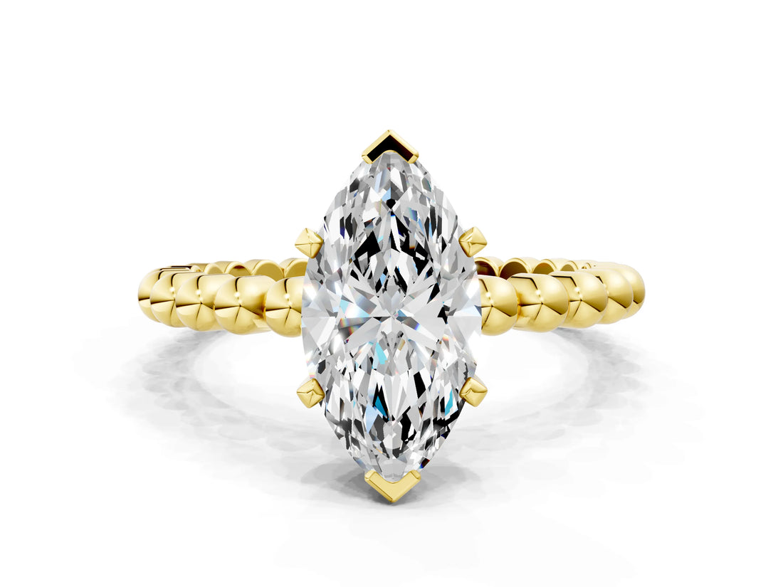 Yellow gold Marquise Solitaire Beaded Band Prong Setting Ring