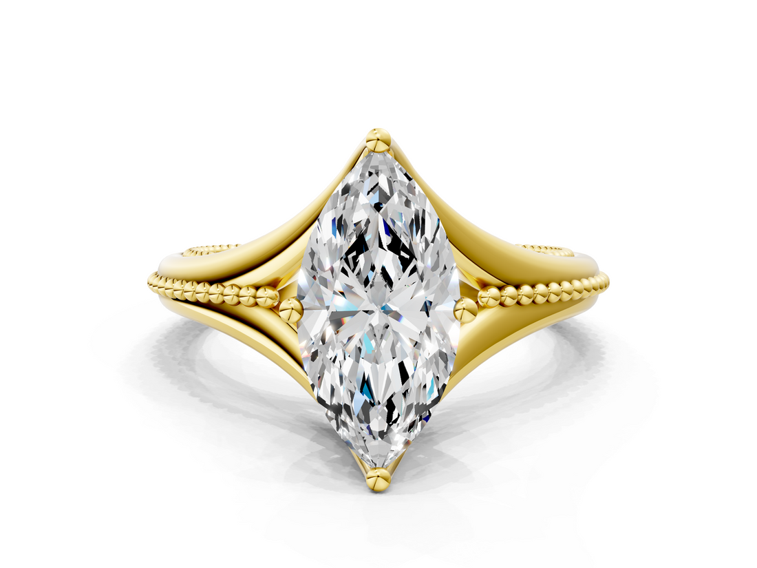 Yellow gold Marquise Solitaire Beaded Band Six-Prong Setting_4