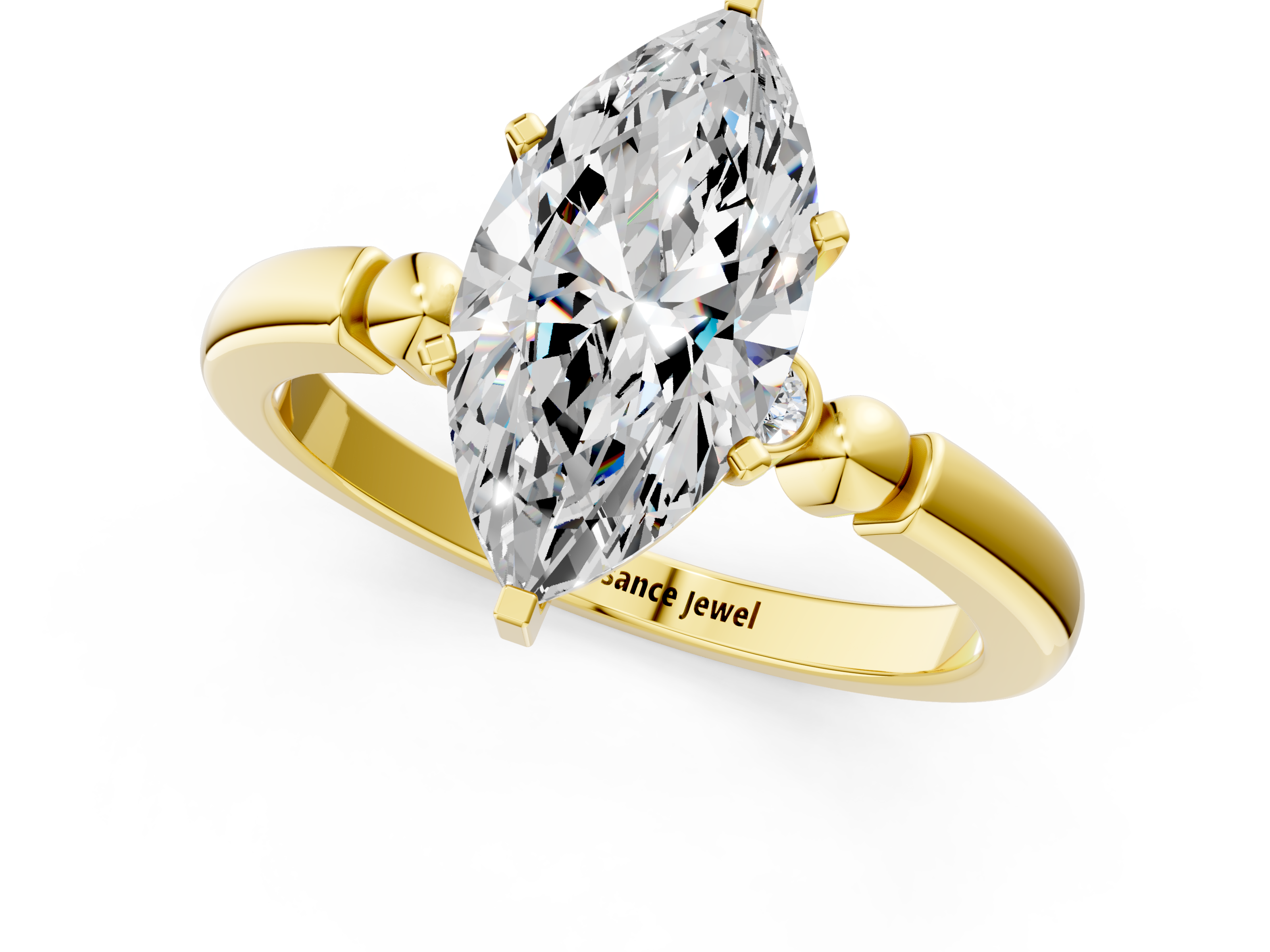 Yellow gold Marquise Solitaire Beaded Band with Four-Prong Setting_75