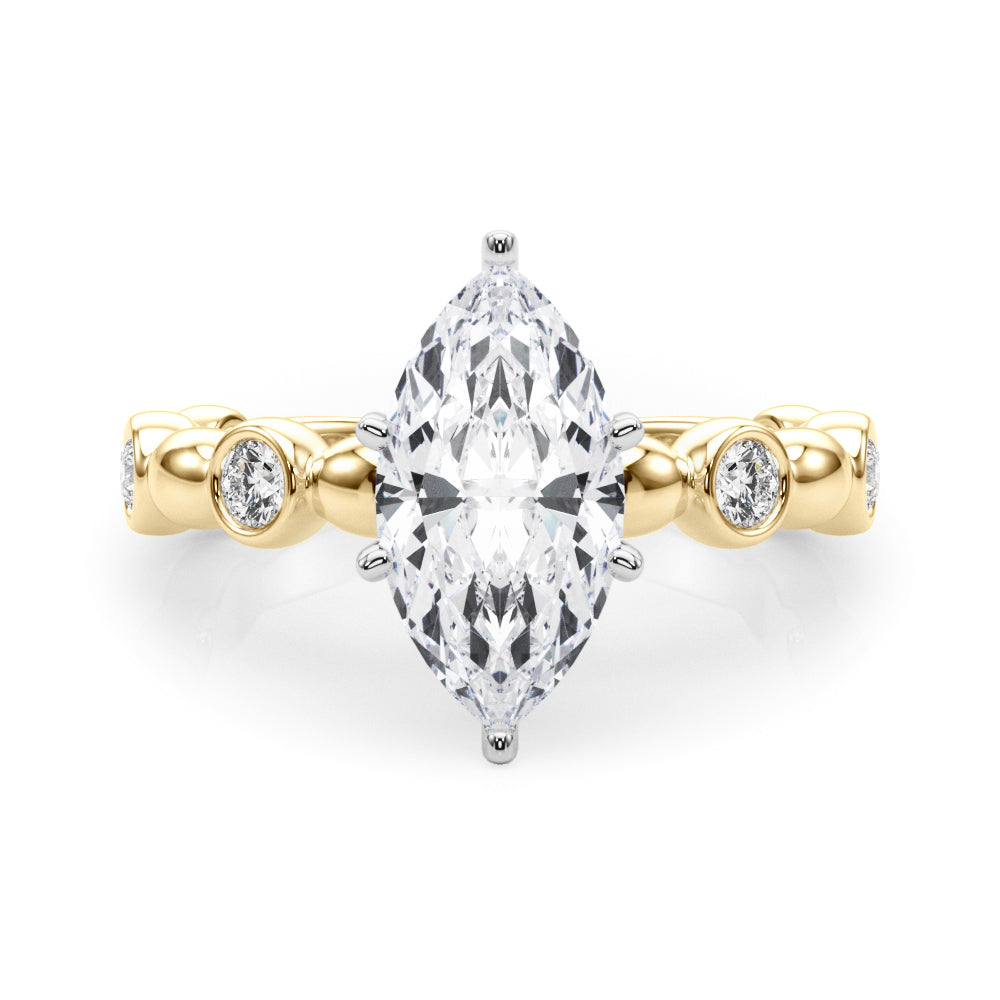 Yellow gold Marquise Solitaire Bezel-Set Diamond Ring with Beaded Band and Four-Prong Setting 1