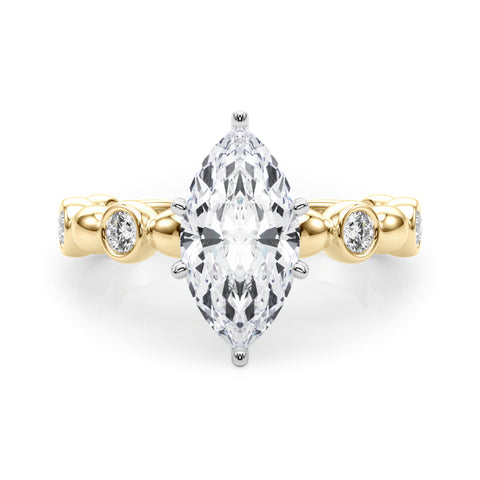 Yellow gold Marquise Solitaire Bezel-Set Diamond Ring with Beaded Band and Four-Prong Setting 1