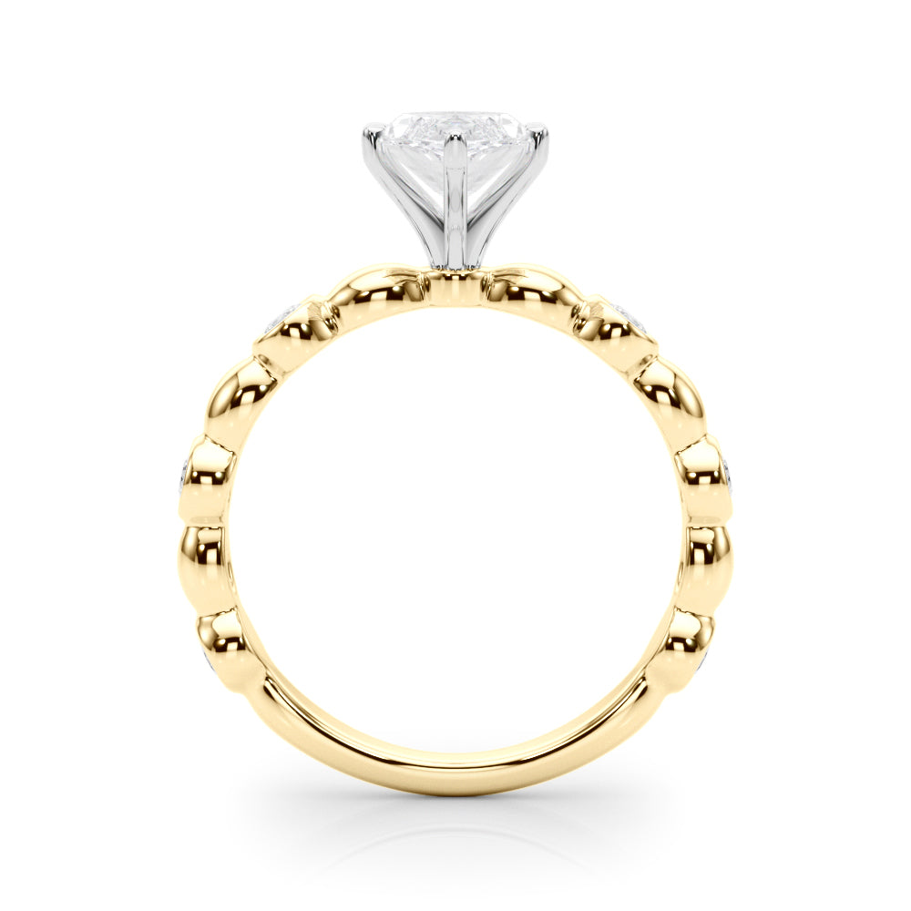 Yellow gold Marquise Solitaire Bezel-Set Diamond Ring with Beaded Band and Four-Prong Setting 2
