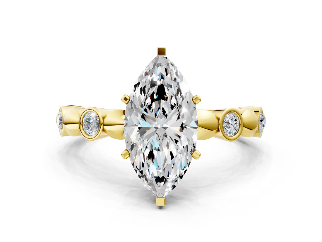 Yellow gold Marquise Solitaire Bezel-Set Diamond Ring with Beaded Band and Four-Prong Setting_55