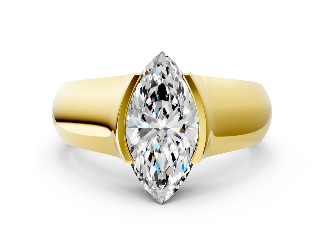 Yellow gold Marquise Solitaire Bezel Set Diamond Ring with Wide Band_3