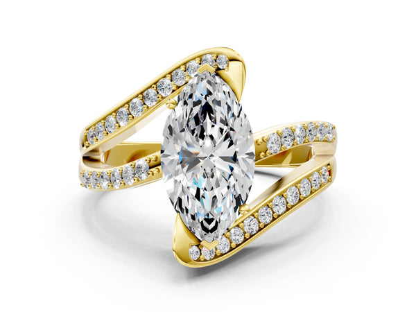 Yellow gold Marquise Solitaire Bypass Diamond Engagement Ring with Channel-Set Band and Four-Prong Setting