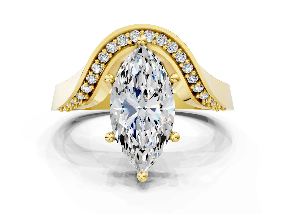 Yellow gold Marquise Solitaire Diamond Engagement Ring with Pave Band and Four-Prong Setting 1