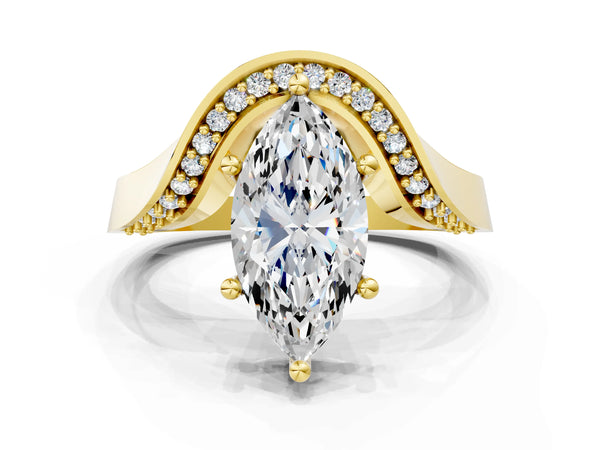 Yellow gold Marquise Solitaire Diamond Engagement Ring with Pave Band and Four-Prong Setting