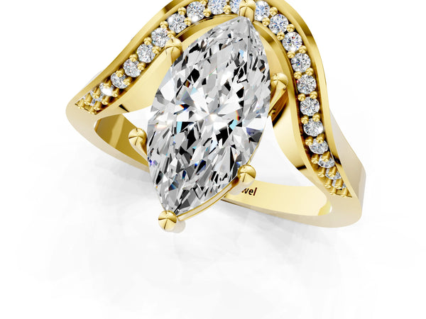 Yellow gold Marquise Solitaire Diamond Engagement Ring with Pave Band and Four-Prong Setting