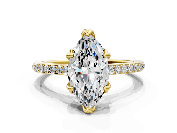 14K Yellow Gold 2.02 Carat F VS1 Marquise Solitaire Diamond Engagement Ring with Pave Band and Six-Prong Setting