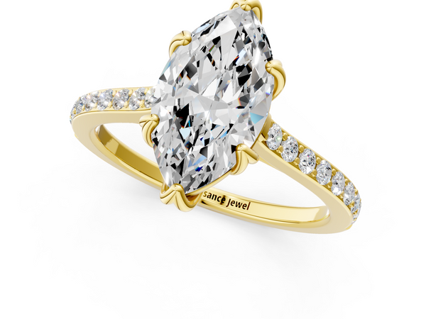 14K Yellow Gold 2.02 Carat F VS1 Marquise Solitaire Diamond Engagement Ring with Pave Band and Six-Prong Setting