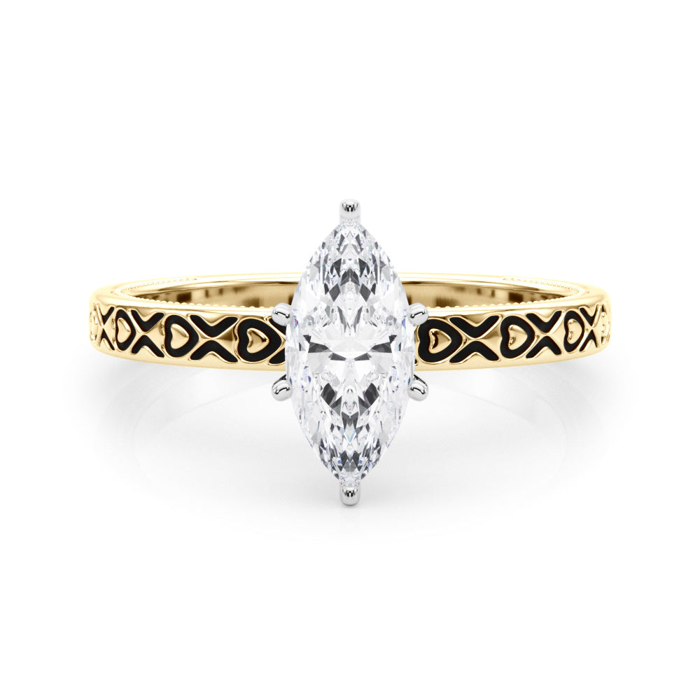 Yellow gold Marquise Solitaire Diamond Engagement Ring with XO Engraved Band and Four-Prong Setting 1