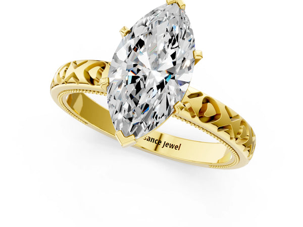 Yellow gold Marquise Solitaire Diamond Engagement Ring with XO Engraved Band and Four-Prong Setting