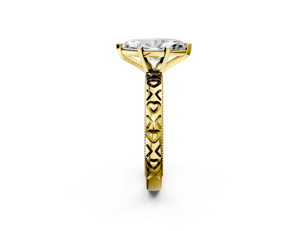 Yellow gold Marquise Solitaire Diamond Engagement Ring with XO Engraved Band and Four-Prong Setting