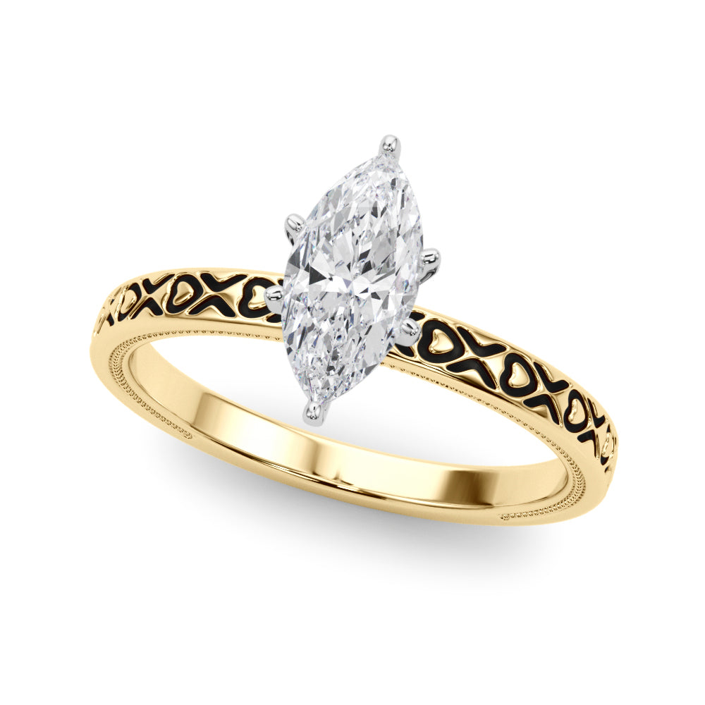 Yellow gold Marquise Solitaire Diamond Engagement Ring with XO Engraved Band and Four-Prong Setting