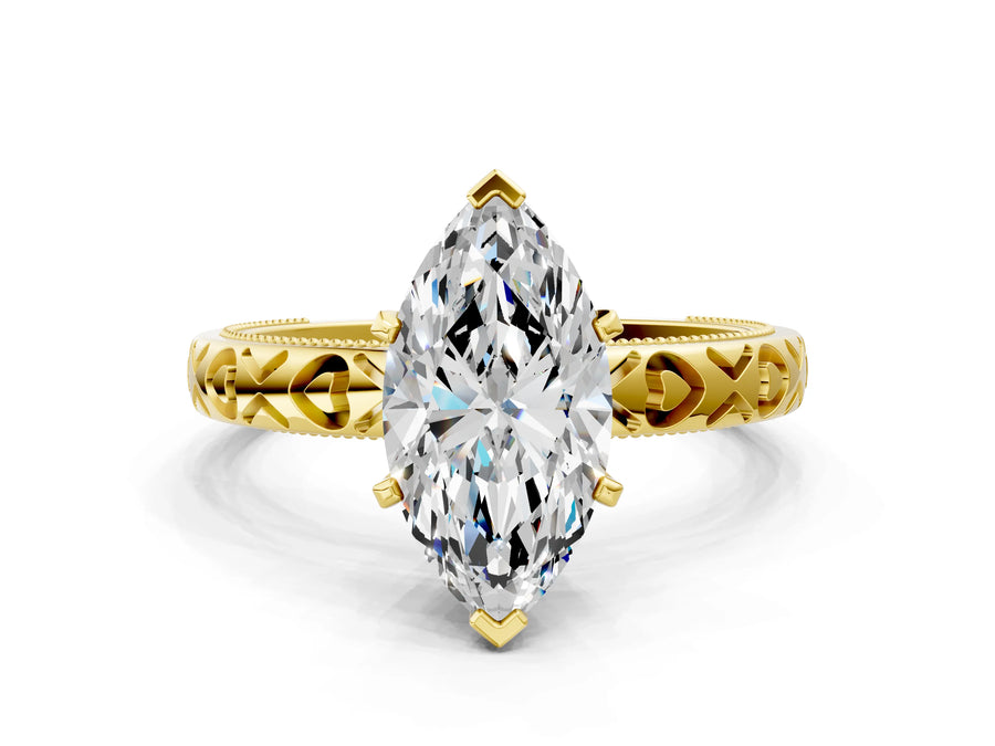 Yellow gold Marquise Solitaire Diamond Engagement Ring with XO Engraved Band and Four-Prong Setting