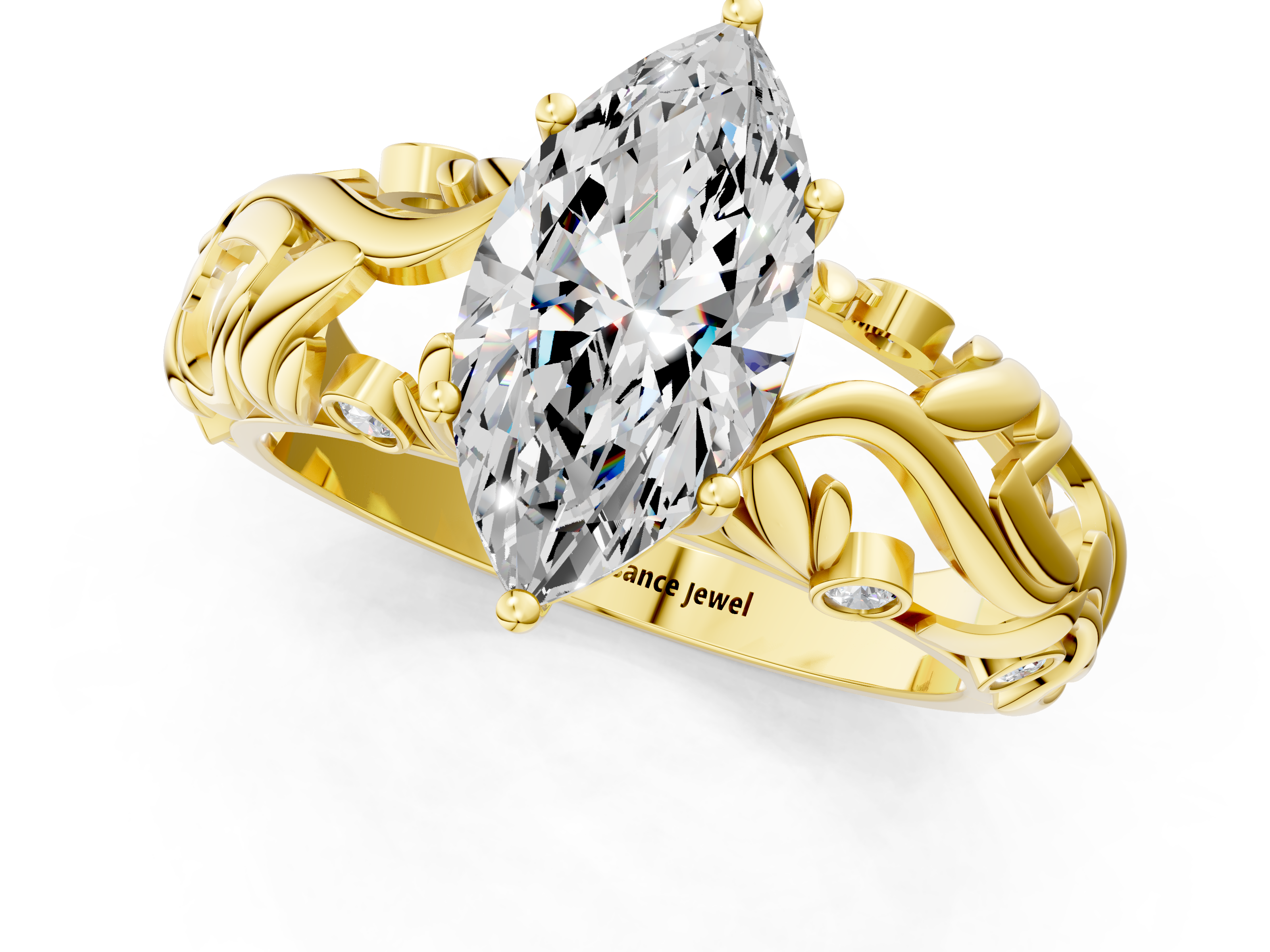 Yellow gold Marquise Solitaire Diamond Leaf Vine Band with Prong Setting_68