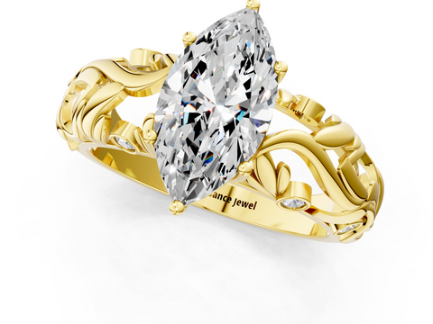 Yellow gold Marquise Solitaire Diamond Leaf Vine Band with Prong Setting_68