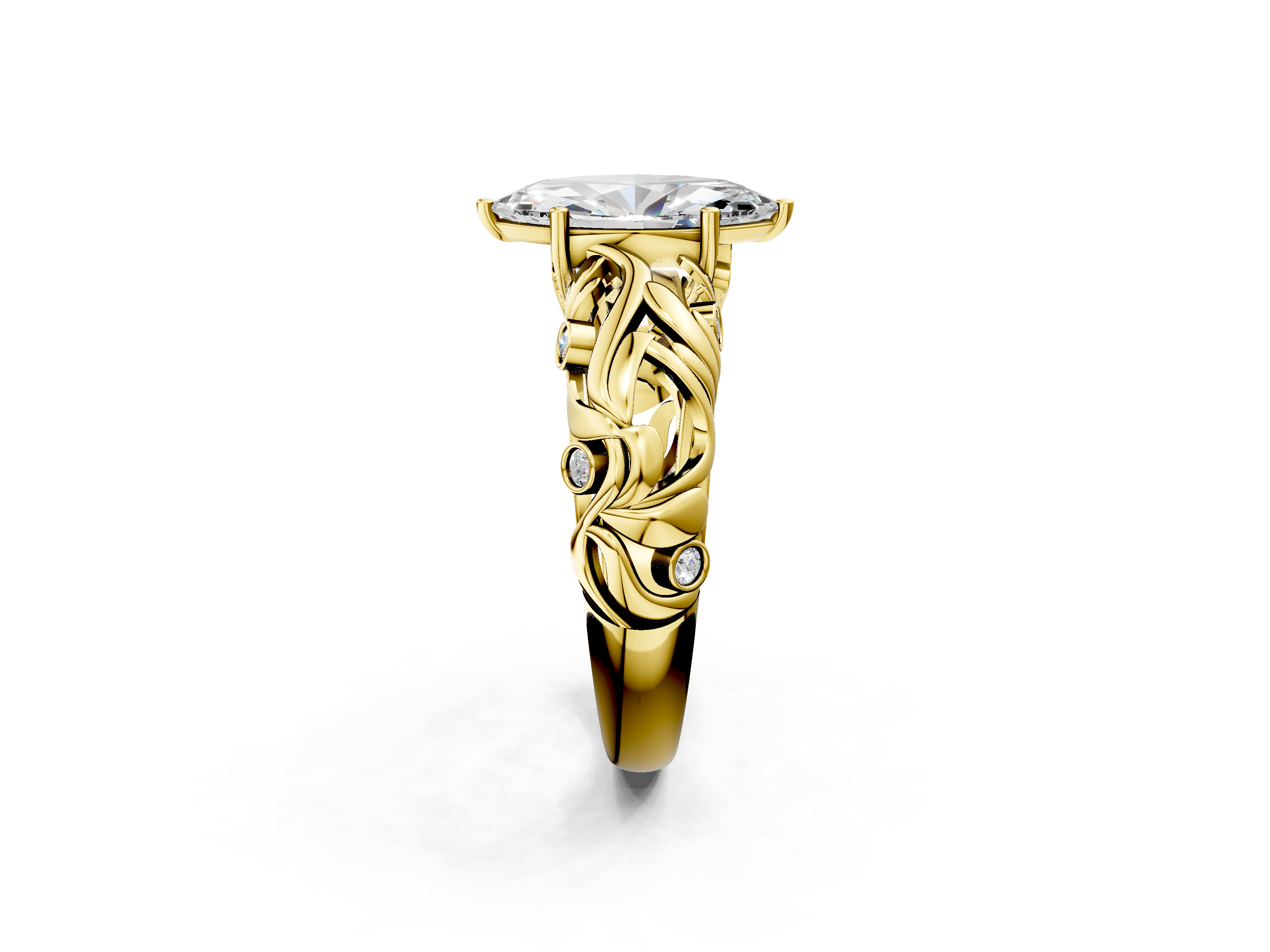 Yellow gold Marquise Solitaire Diamond Leaf Vine Band with Prong Setting_69