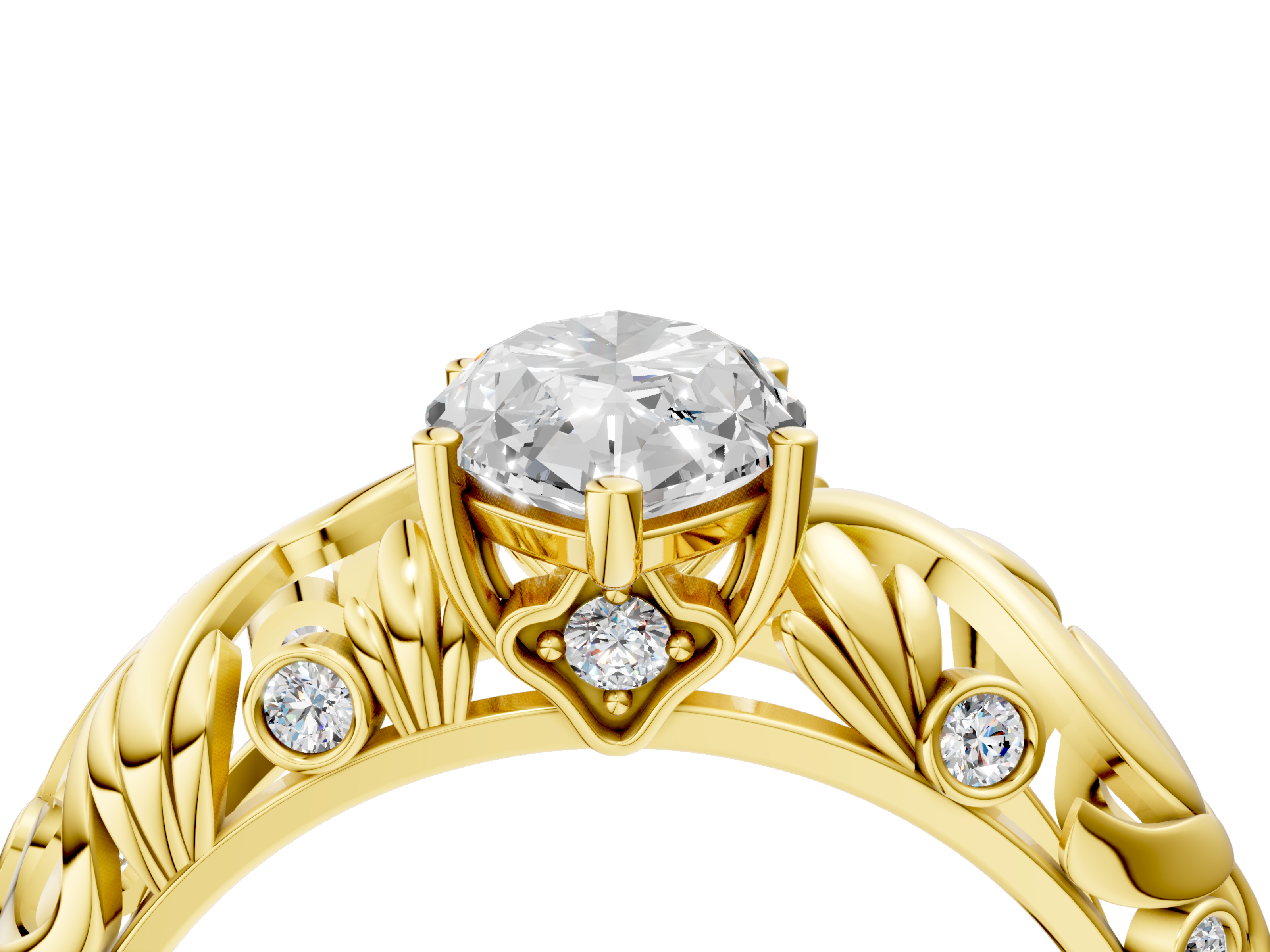 Yellow gold Marquise Solitaire Diamond Leaf Vine Band with Prong Setting_71