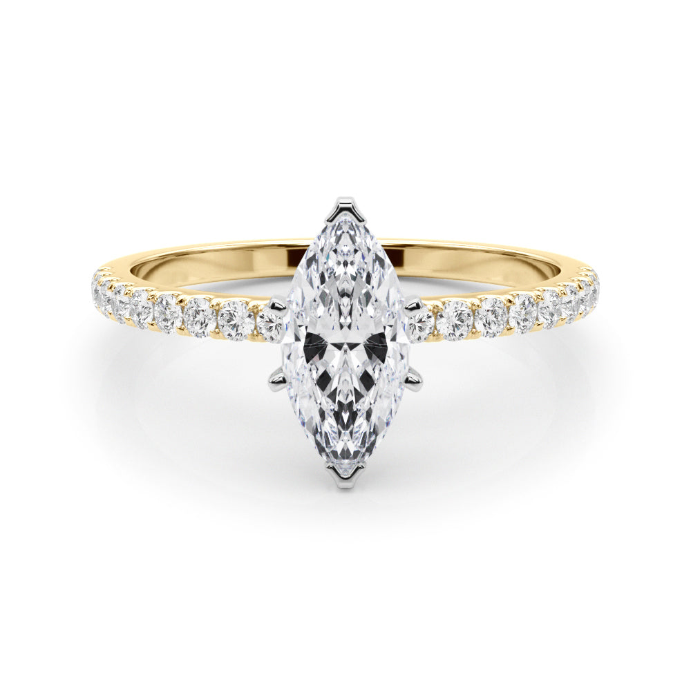 Yellow gold Marquise Solitaire Diamond Pavé Band with Six-Prong Setting 1
