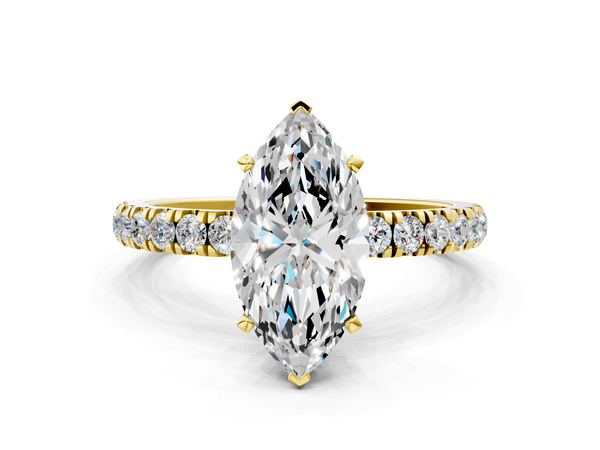 Yellow gold Marquise Cut Diamond Solitaire Ring with Pavé Accents and Four-Prong Setting