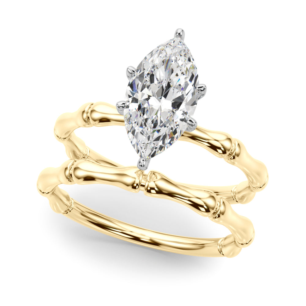 Yellow gold Marquise Solitaire Diamond Ring with Bamboo Band and Four-Prong Setting 1