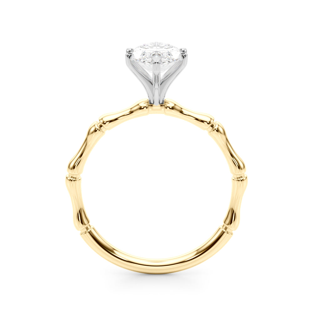 Yellow gold Marquise Solitaire Diamond Ring with Bamboo Band and Four-Prong Setting 2