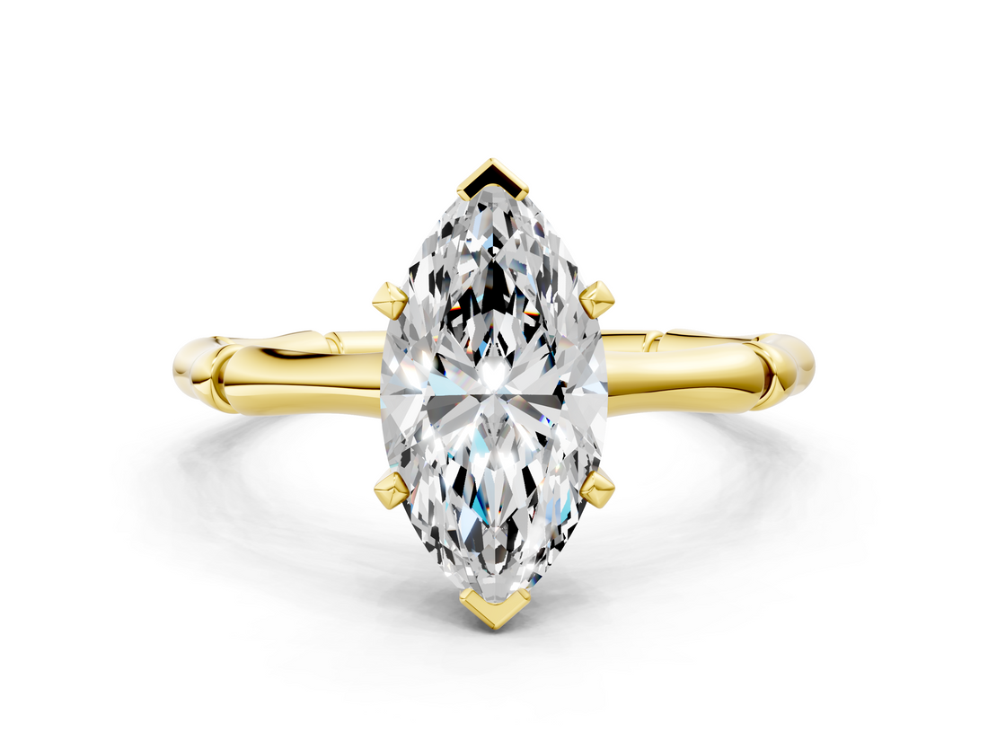 Yellow gold Marquise Solitaire Diamond Ring with Bamboo Band and Four-Prong Setting_64