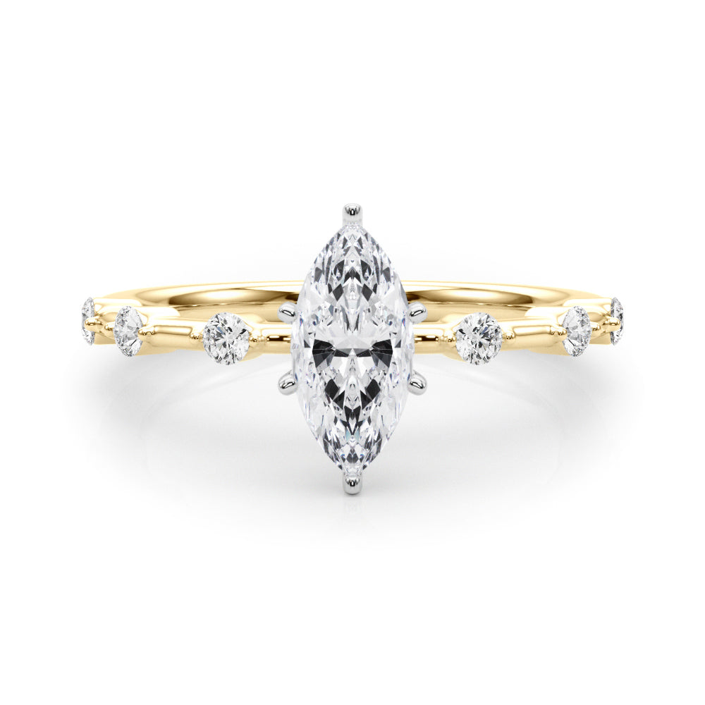 Yellow gold Marquise Solitaire Diamond Ring with Bezel Set Side Stones and Prong Setting 1