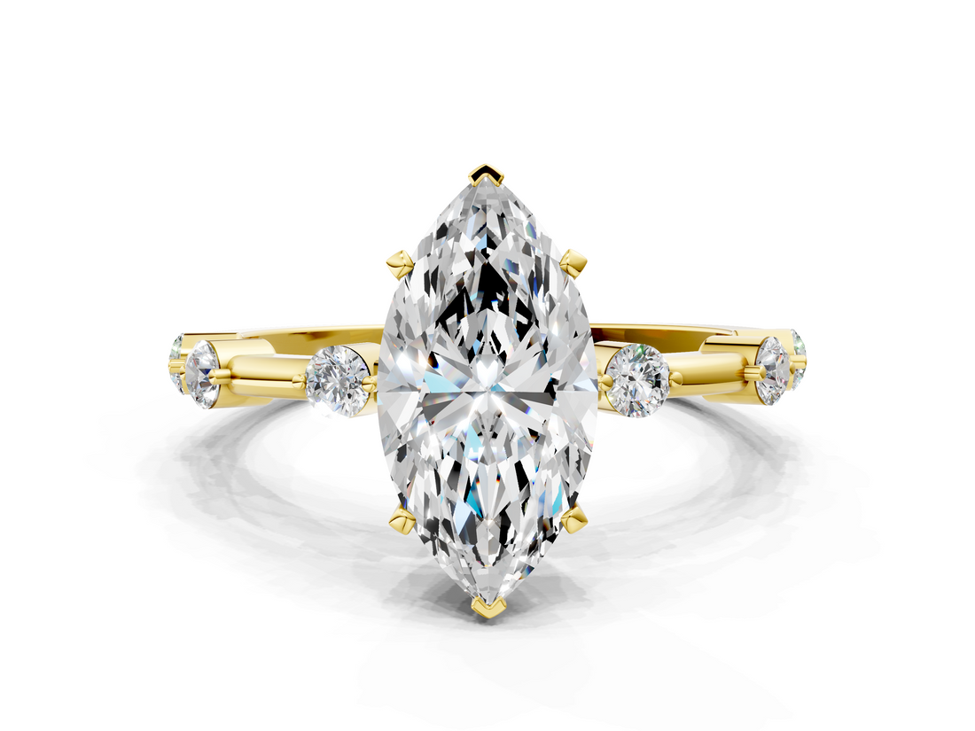 Yellow gold Marquise Solitaire Diamond Ring with Bezel Set Side Stones and Prong Setting_26