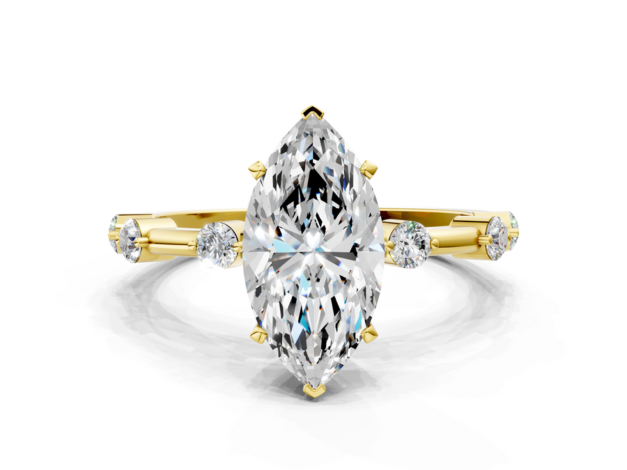 Yellow gold Marquise Solitaire Diamond Ring with Bezel Set Side Stones and Prong Setting