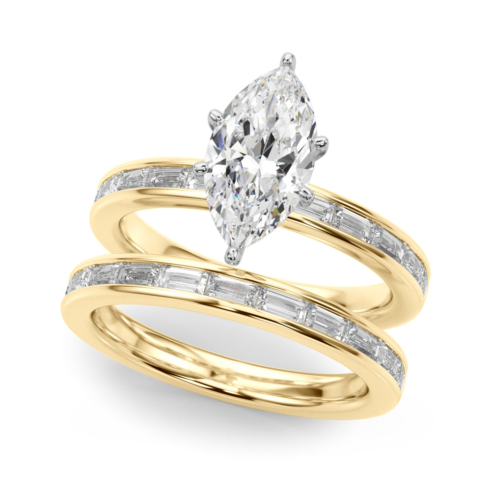 Yellow gold Marquise Solitaire Diamond Ring with Channel-Set Baguette Band and Four-Prong Setting 1