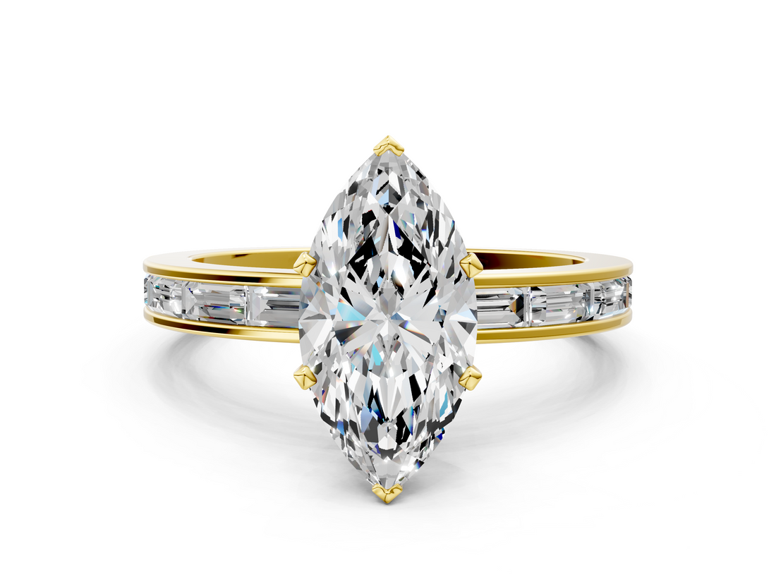 Yellow gold Marquise Solitaire Diamond Ring with Channel-Set Baguette Band and Four-Prong Setting_111