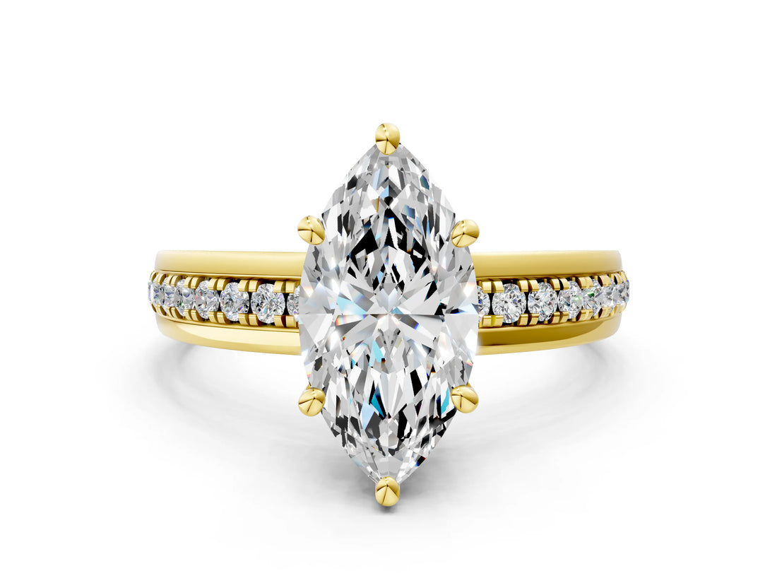 Yellow gold Marquise Solitaire Diamond Ring with Channel Set Band and Six-Prong Setting_48