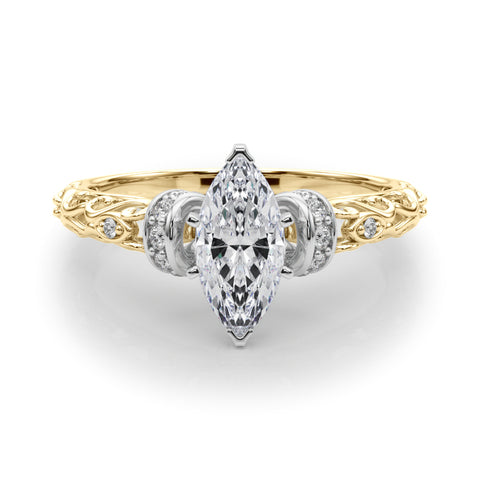 Yellow gold Marquise Solitaire Diamond Ring with Filigree Band and Four-Prong Setting 1