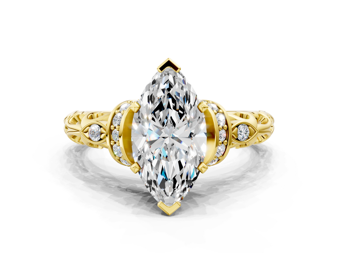 Yellow gold Marquise Solitaire Diamond Ring with Filigree Band and Four-Prong Setting_60