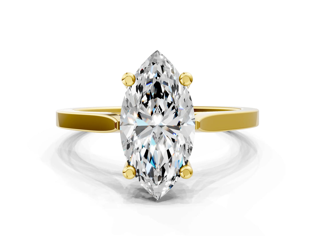 Yellow gold Marquise Solitaire Diamond Ring with Four-Prong Setting and Tapered Band 2