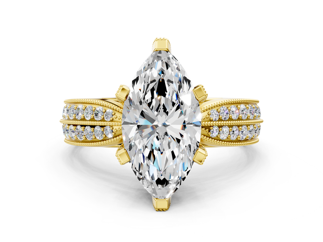 Yellow gold Marquise Solitaire Diamond Ring with Milgrain Pavé Band and Four-Prong Setting_145