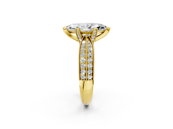 Yellow gold Marquise Solitaire Diamond Ring with Milgrain Pavé Band and Four-Prong Setting