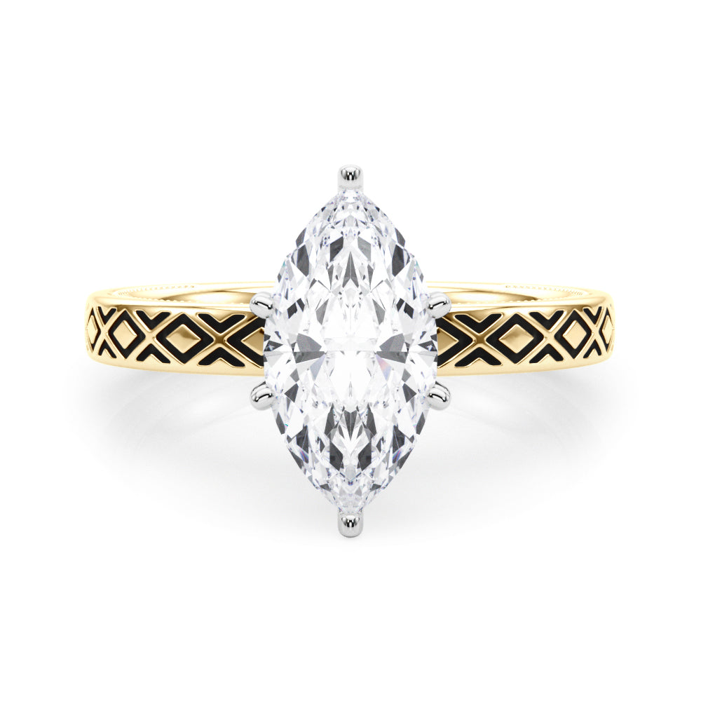 Yellow gold Marquise Solitaire Diamond Ring with Milgrain and Black Enamel X Pattern Band 1
