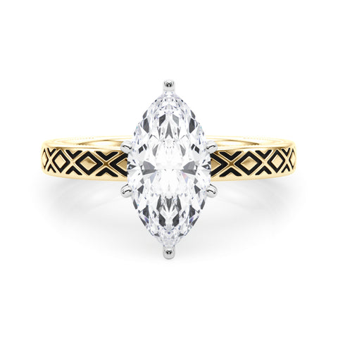 Yellow gold Marquise Solitaire Diamond Ring with Milgrain and Black Enamel X Pattern Band 1