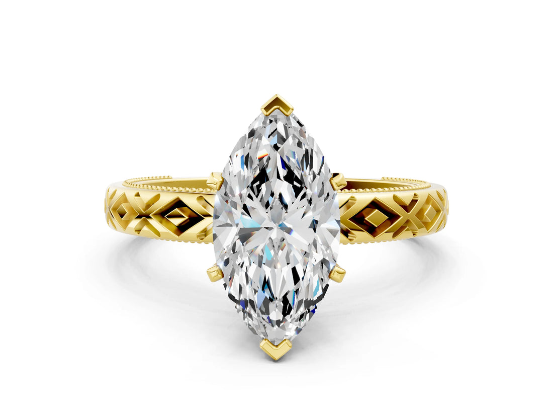 Yellow gold Marquise Solitaire Diamond Ring with Milgrain and Black Enamel X Pattern Band_88
